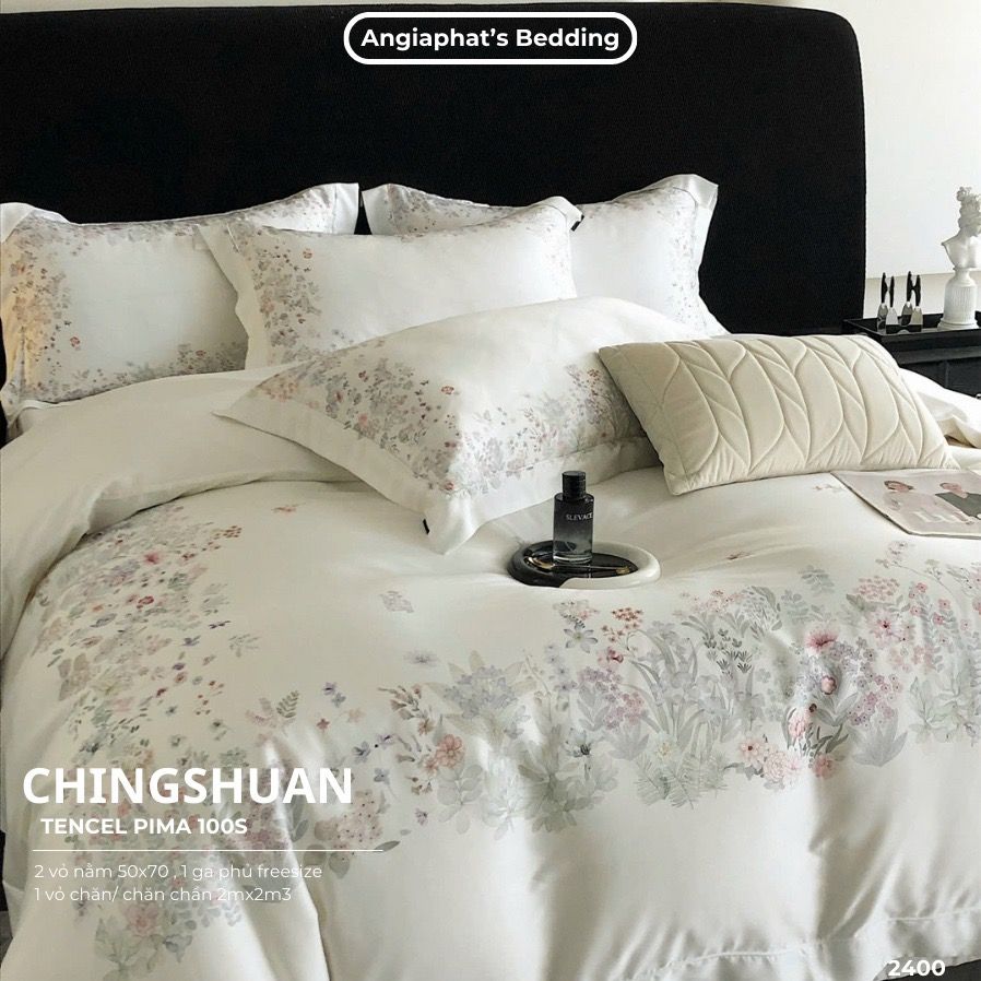 Bộ Chăn Ga Tencel Pima 100s Chingshuan - Hoa Trắng