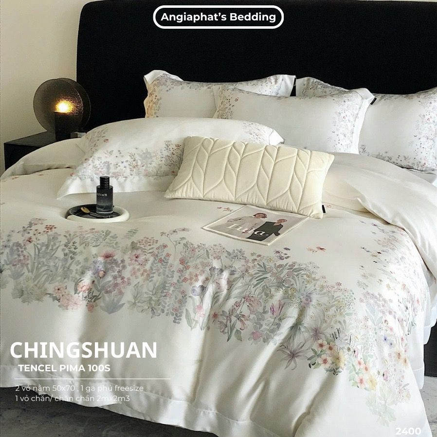 Bộ Chăn Ga Tencel Pima 100s Chingshuan - Hoa Trắng