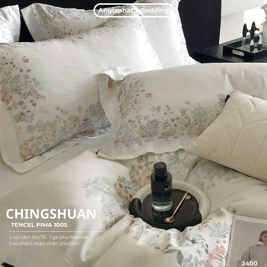 Bộ Chăn Ga Tencel Pima 100s Chingshuan - Hoa Trắng
