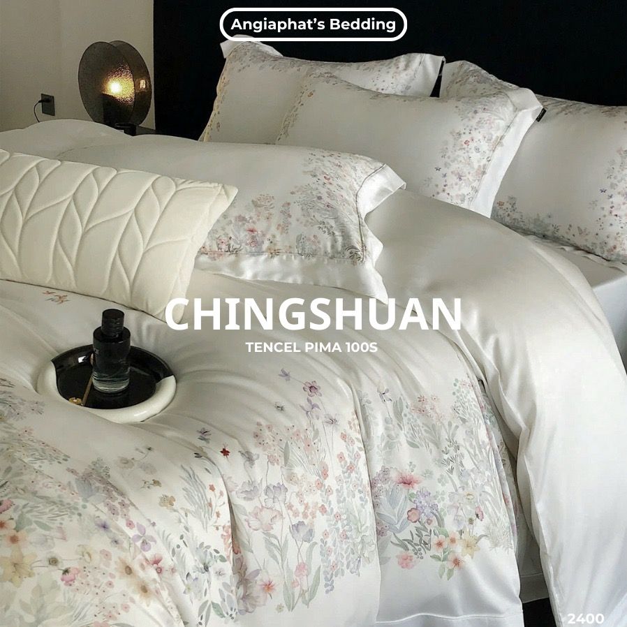 Bộ Chăn Ga Tencel Pima 100s Chingshuan - Hoa Trắng