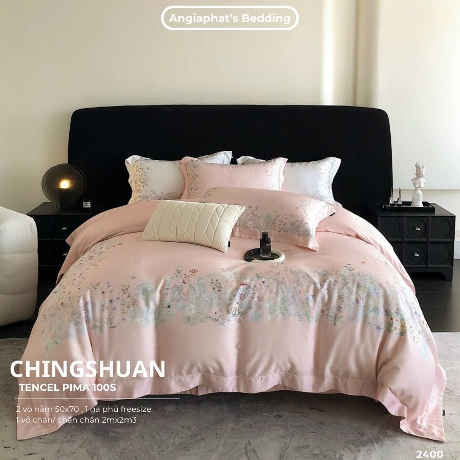 Bộ Chăn Ga Tencel Pima 100s Chingshuan - Hoa Hồng Cam