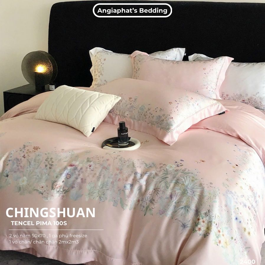 Bộ Chăn Ga Tencel Pima 100s Chingshuan - Hoa Hồng Cam