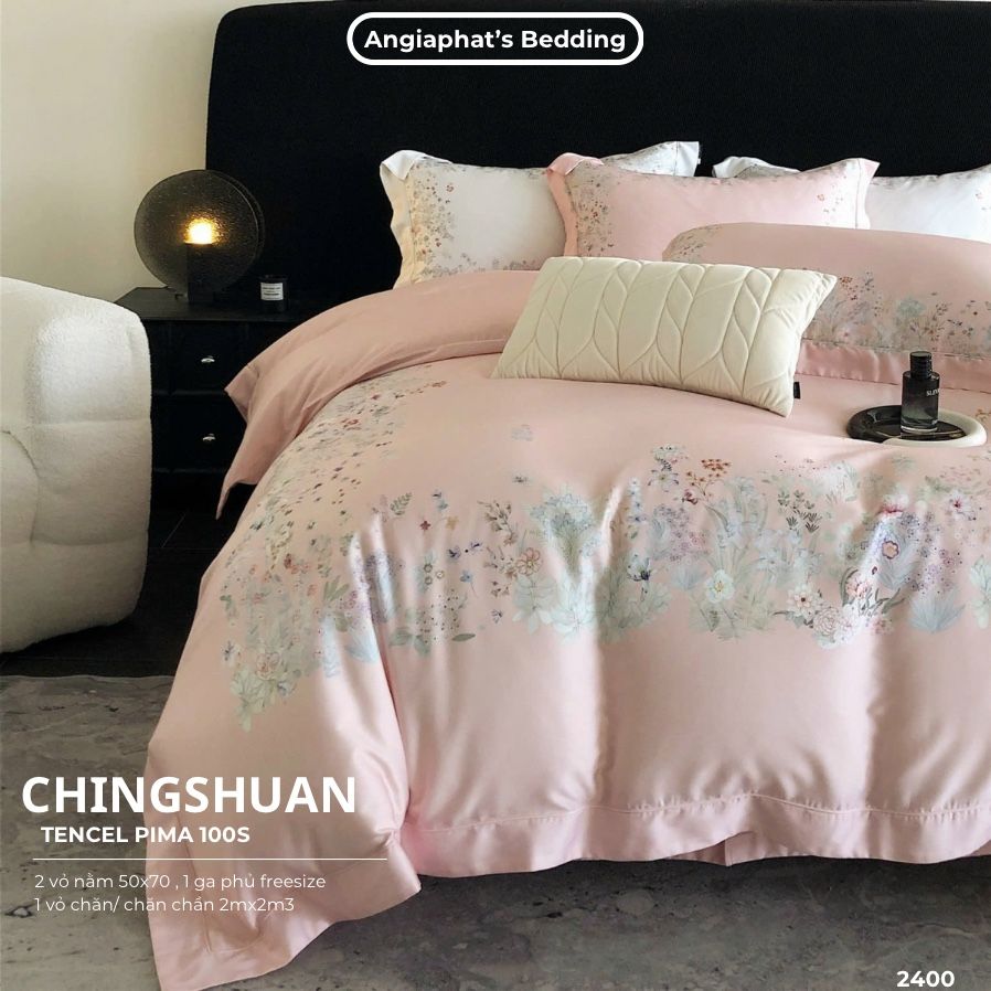 Bộ Chăn Ga Tencel Pima 100s Chingshuan - Hoa Hồng Cam