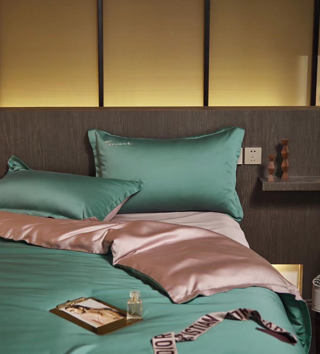 Bộ Chăn Ga Tencel 80S Freemonde Phối Xanh - Hồng