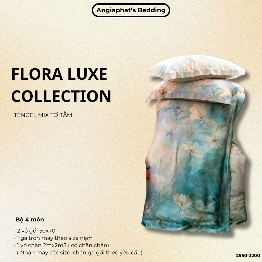 Set Chăn Ga Tencel Tơ Tằm COLOGNE - Hoa To Xanh