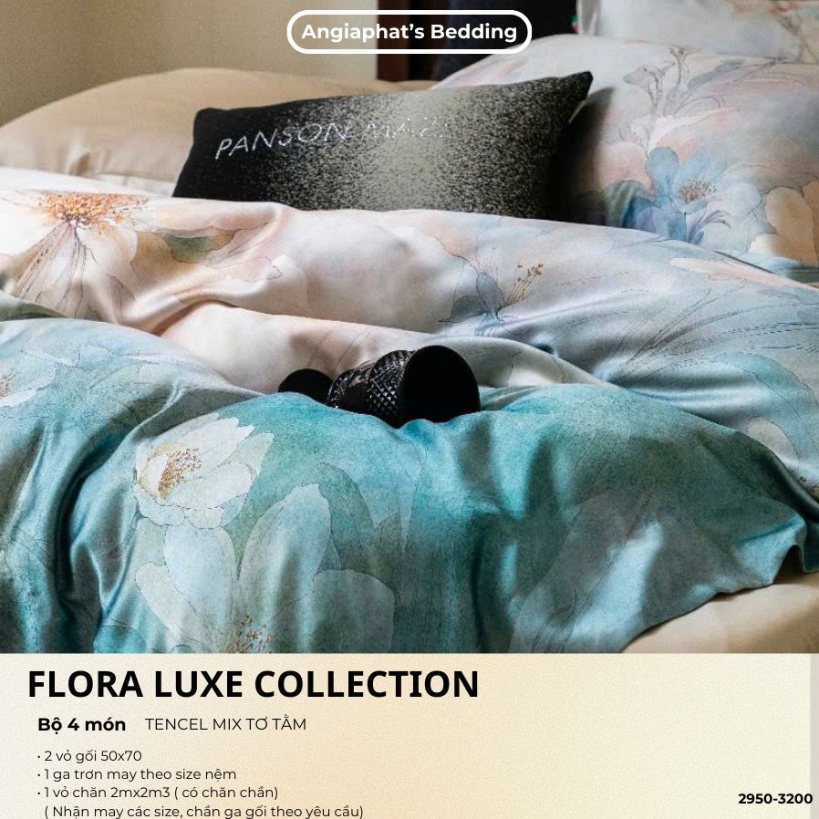 Set Chăn Ga Tencel Tơ Tằm COLOGNE - Hoa To Xanh