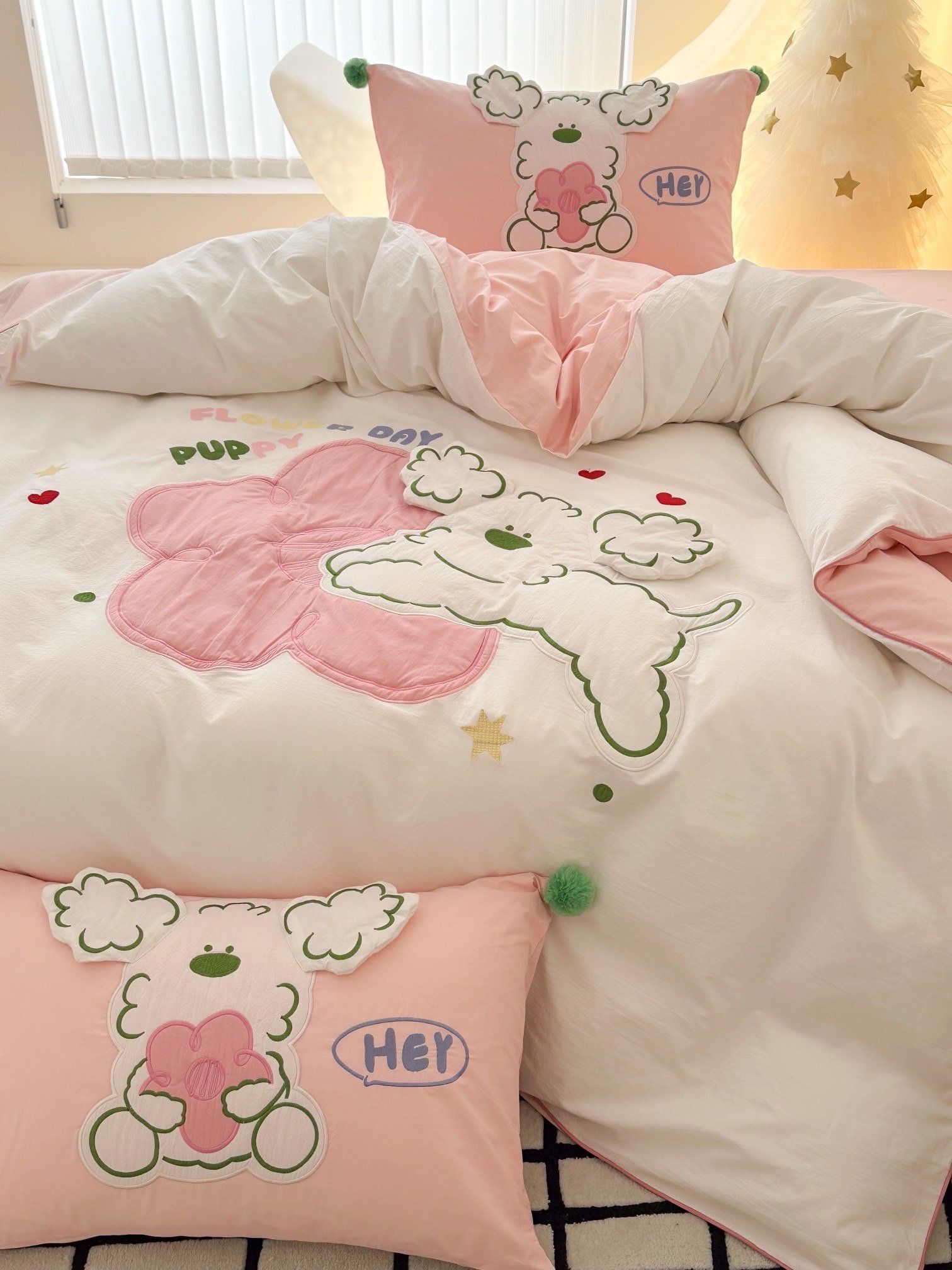Bộ Chăn Ga Cotton Linen Kids - CHÓ XÙ HỒNG