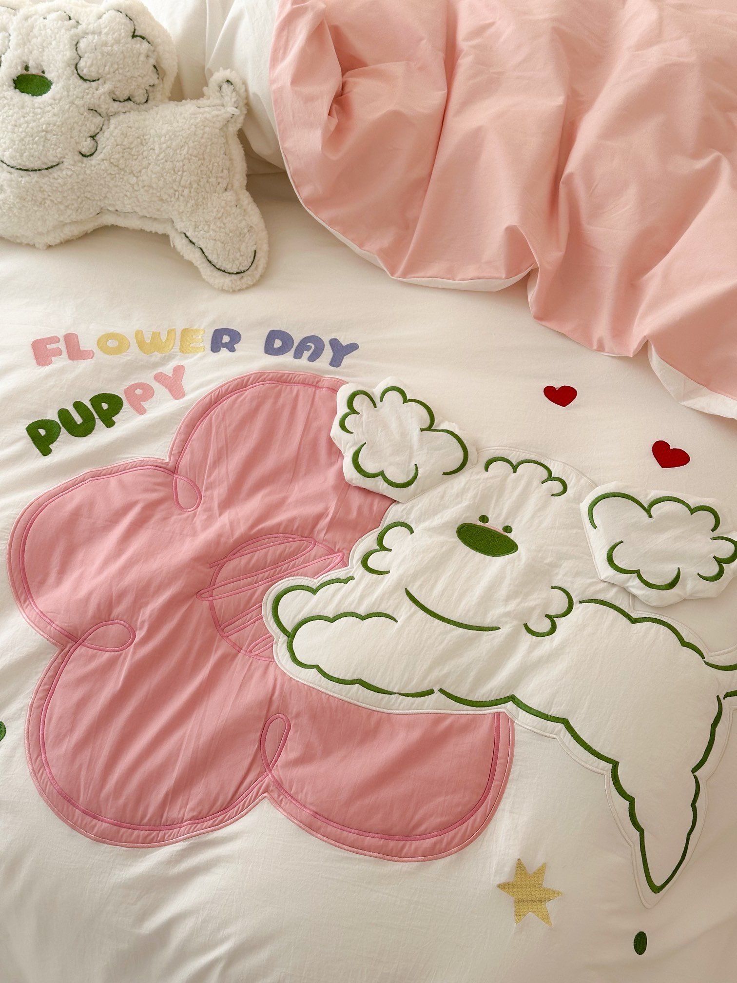 Bộ Chăn Ga Cotton Linen Kids - CHÓ XÙ HỒNG