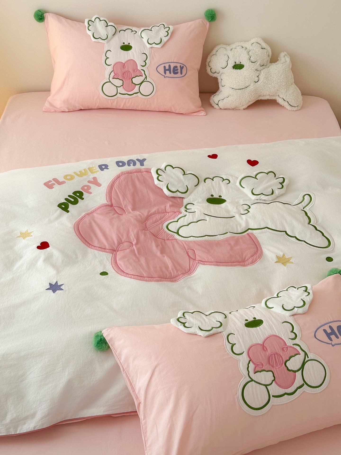 Bộ Chăn Ga Cotton Linen Kids - CHÓ XÙ HỒNG