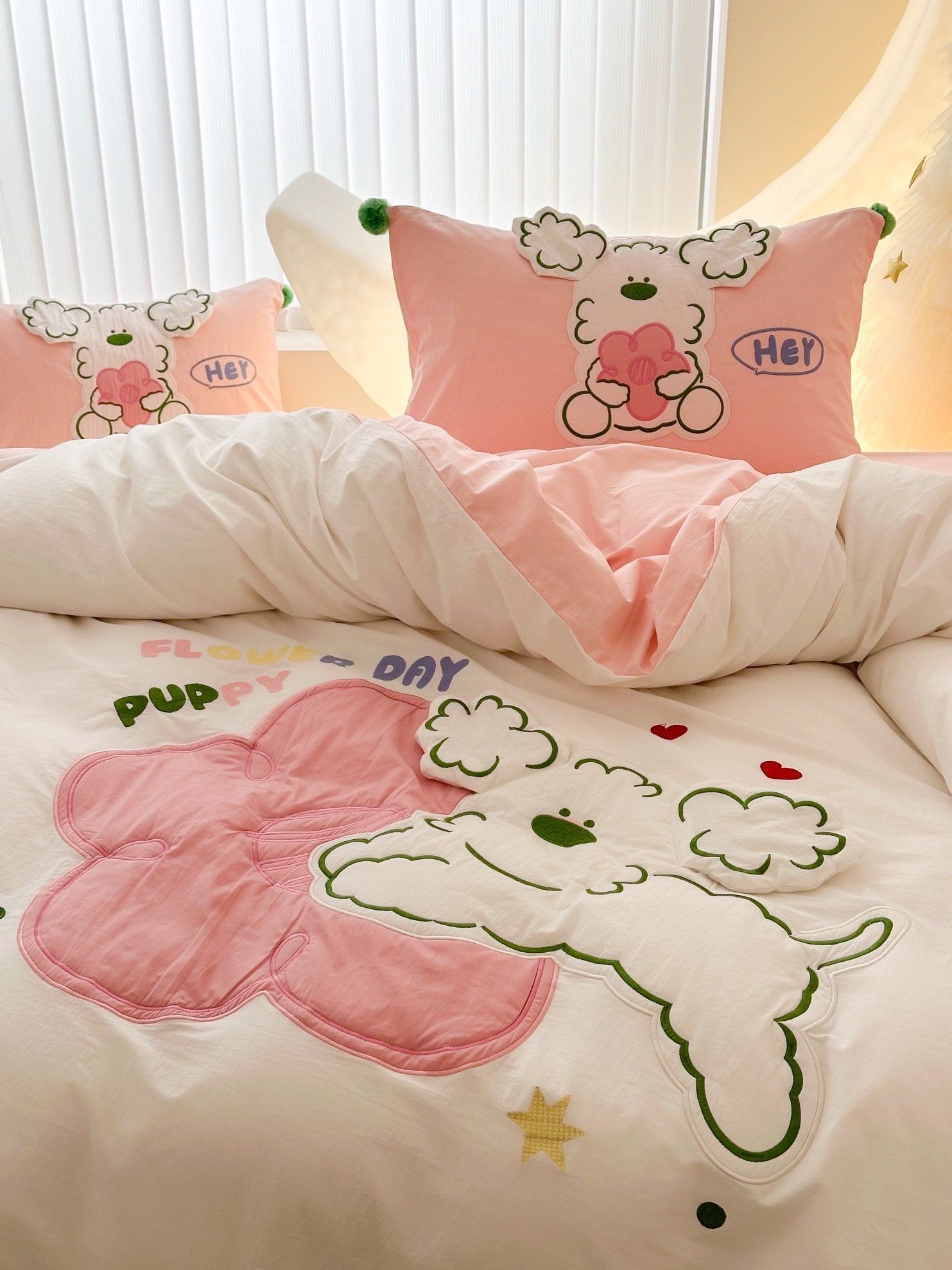 Bộ Chăn Ga Cotton Linen Kids - CHÓ XÙ HỒNG