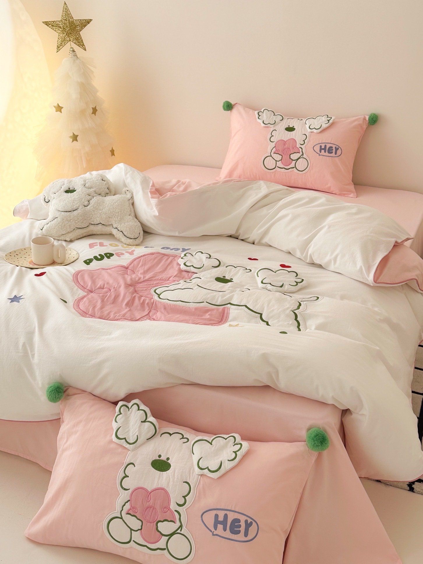 Bộ Chăn Ga Cotton Linen Kids - CHÓ XÙ HỒNG
