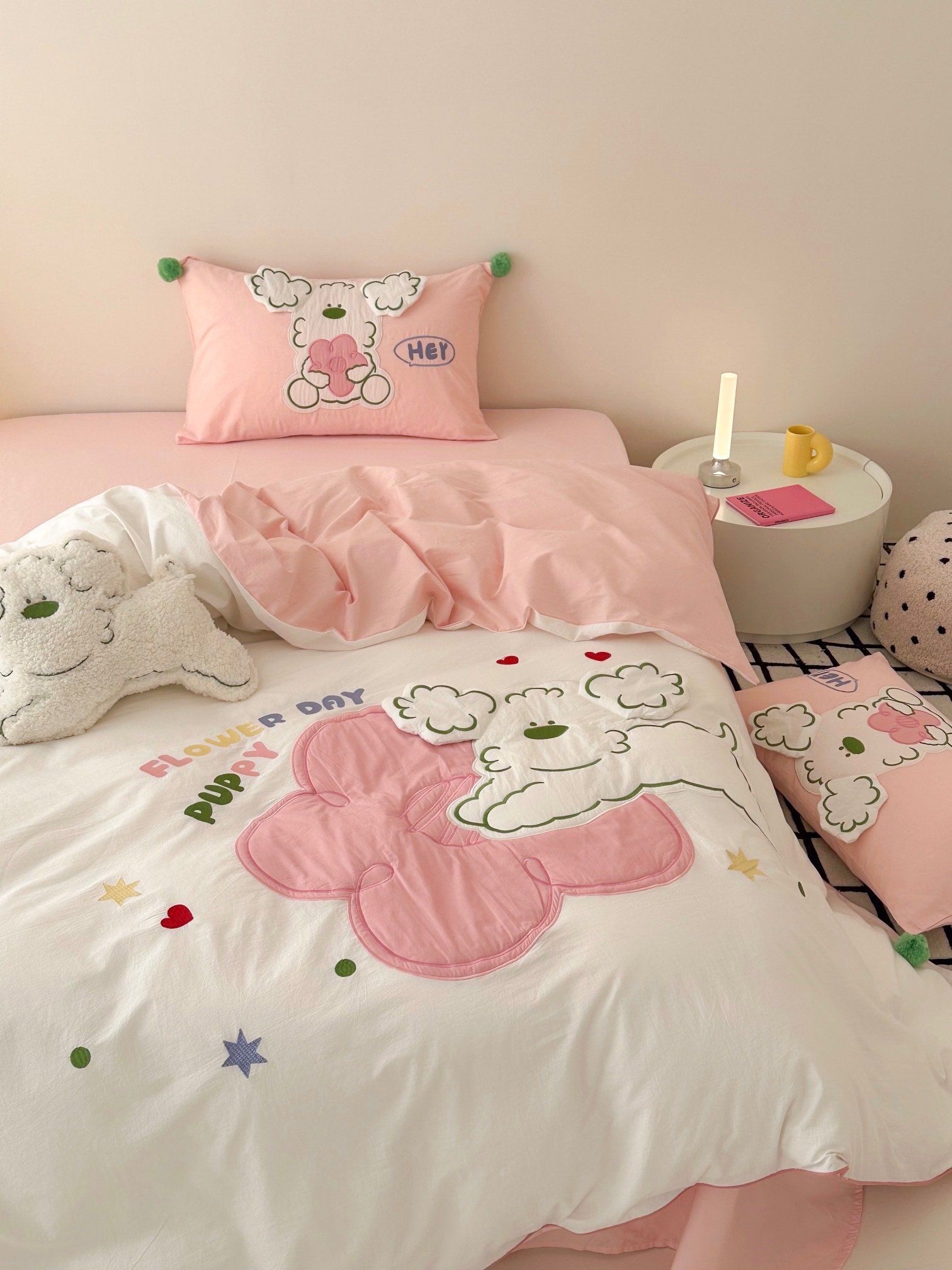 Bộ Chăn Ga Cotton Linen Kids - CHÓ XÙ HỒNG