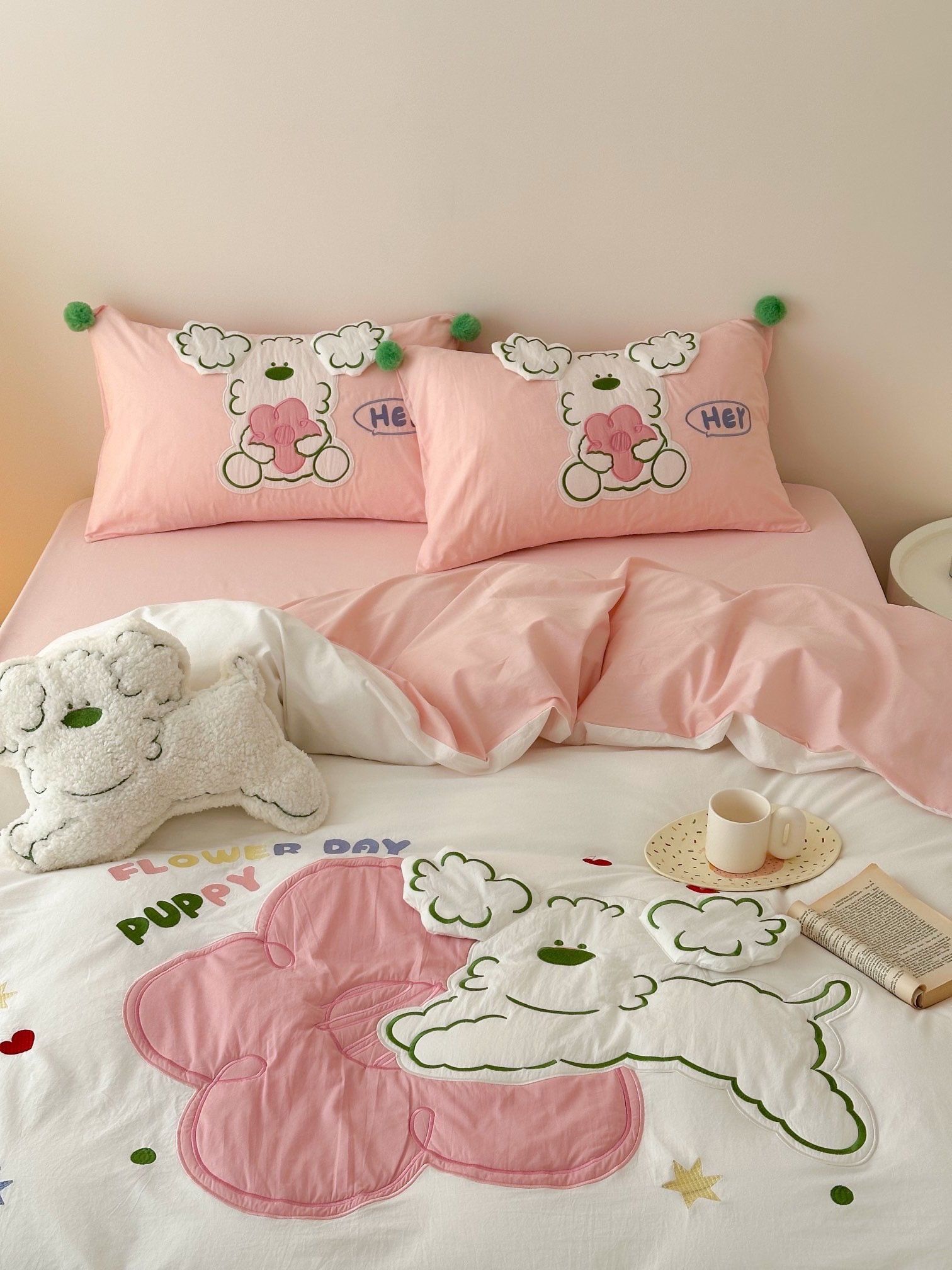 Bộ Chăn Ga Cotton Linen Kids - CHÓ XÙ HỒNG