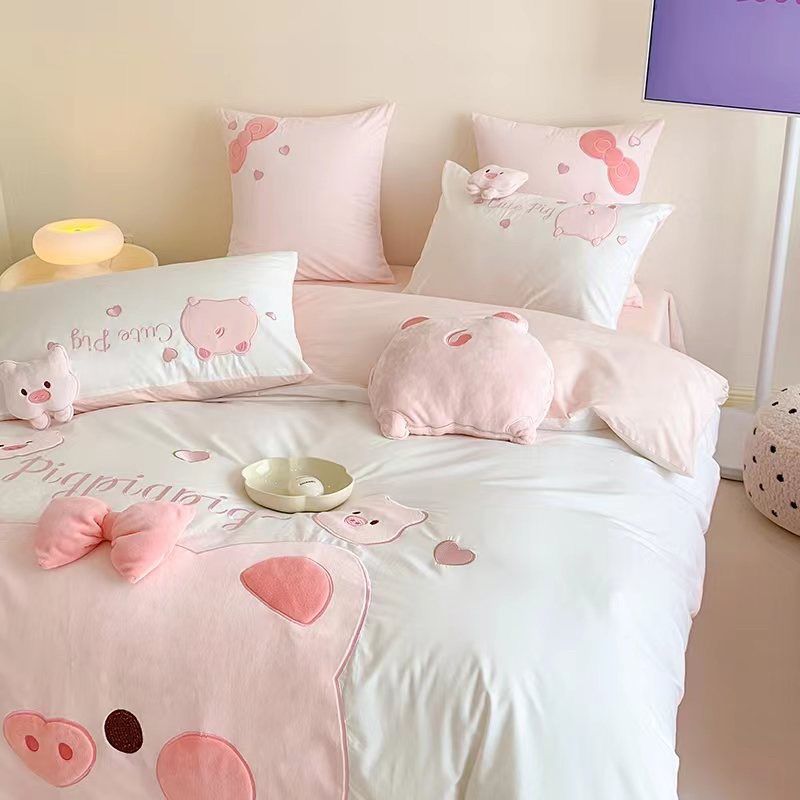 Bộ Chăn Ga Cotton Linen Kids - Heo Hồng