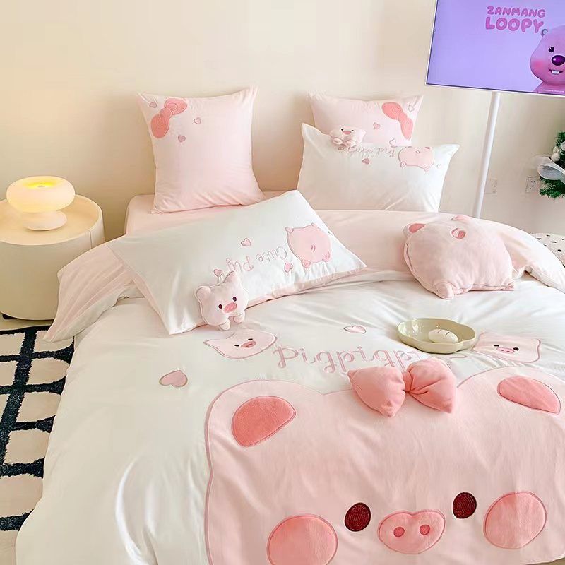 Bộ Chăn Ga Cotton Linen Kids - Heo Hồng