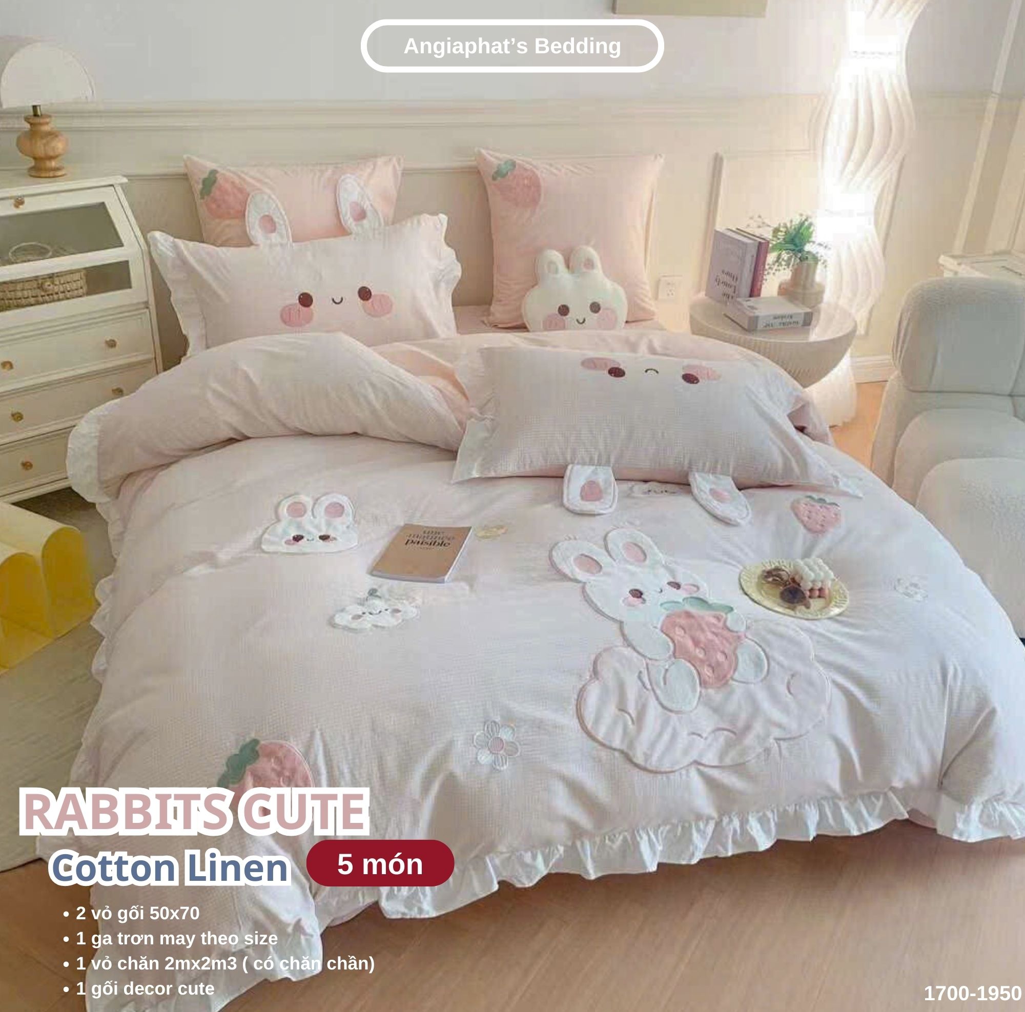 Bộ Chăn Ga Cotton Linen Kids / Cho Bé - Thỏ Dâu Tây