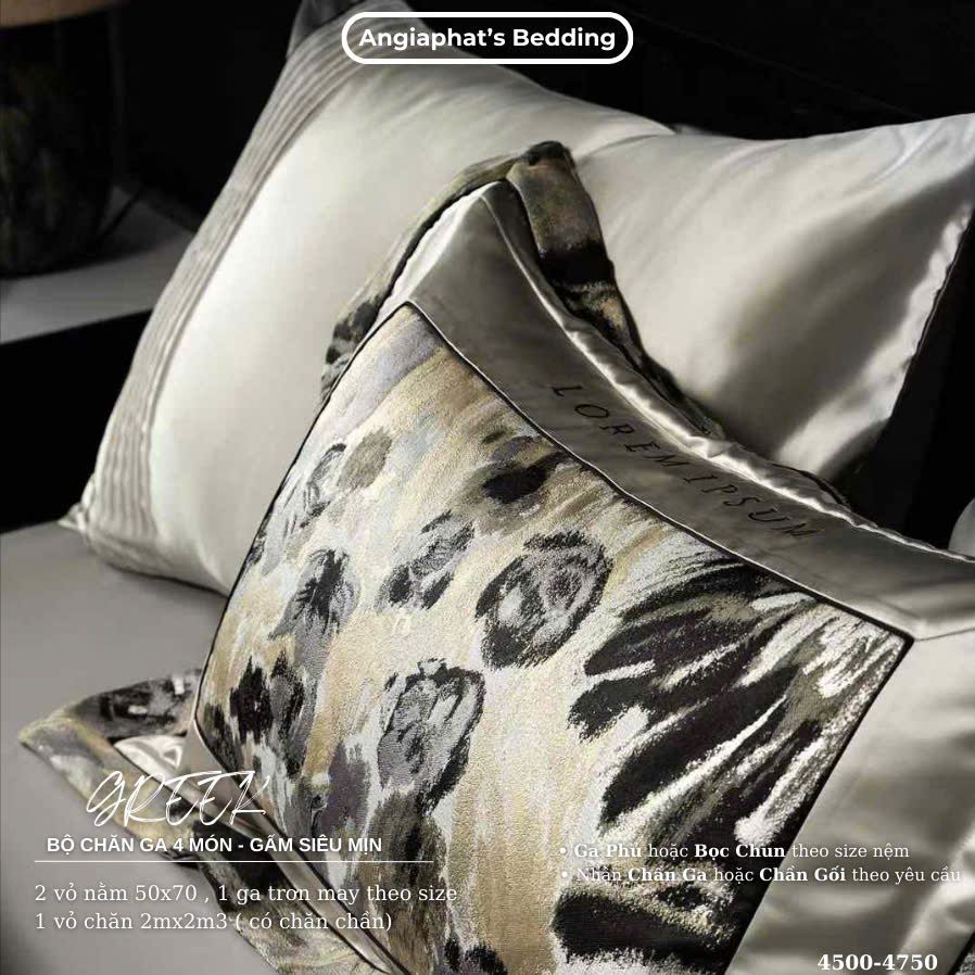 Set Chăn Ga Luxury - Gấm Siêu Mịn - HOA NÂU