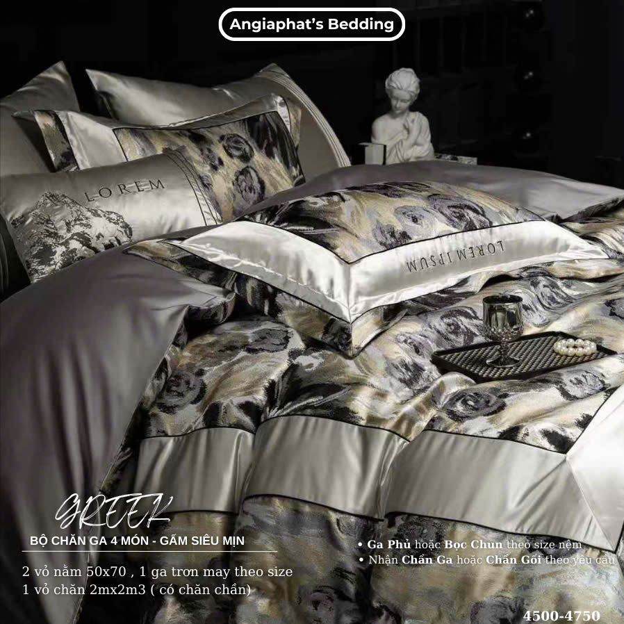 Set Chăn Ga Luxury - Gấm Siêu Mịn - HOA NÂU
