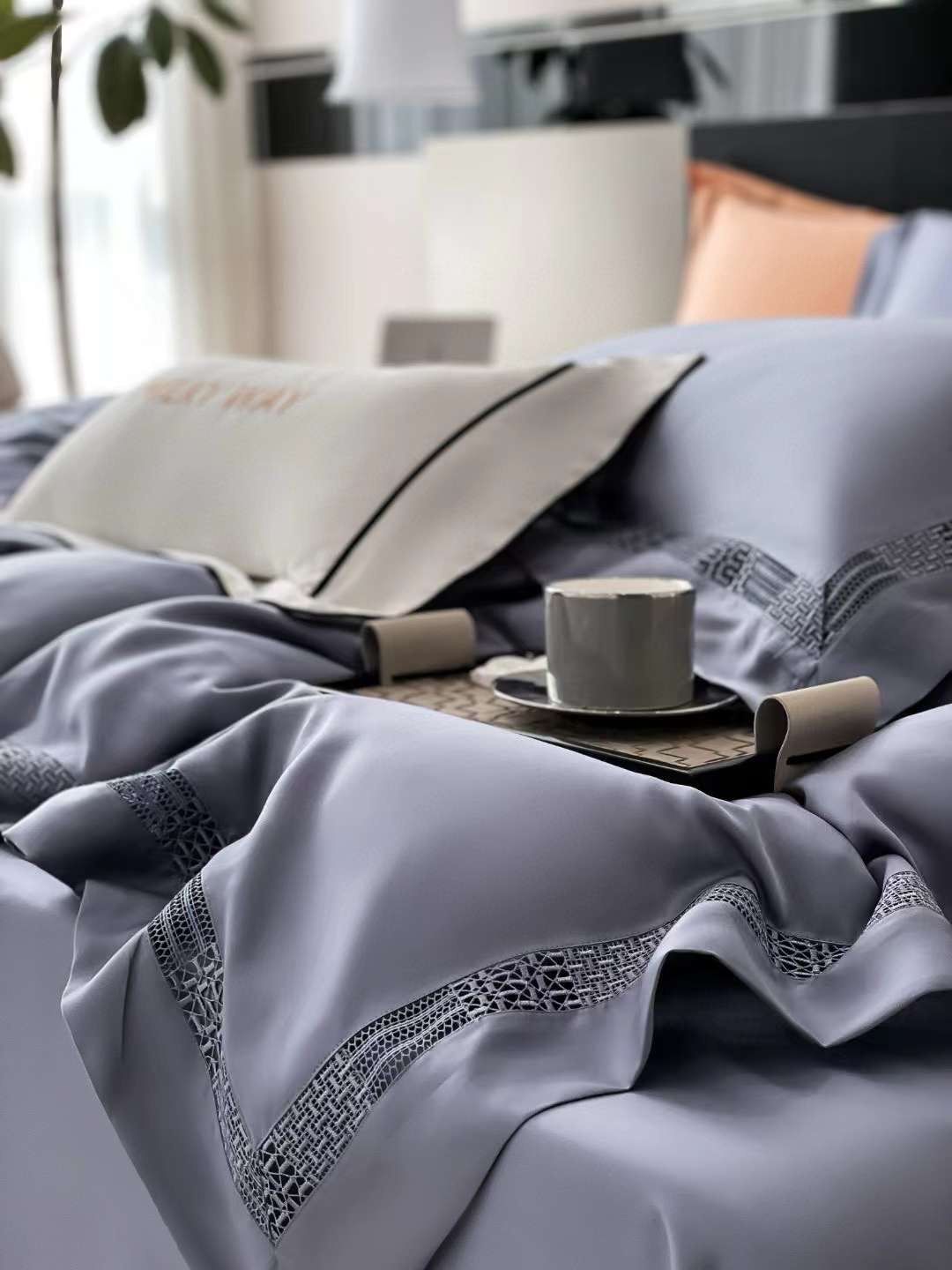 Bộ Chăn Ga Tencel 100s Viền - XANH THAN