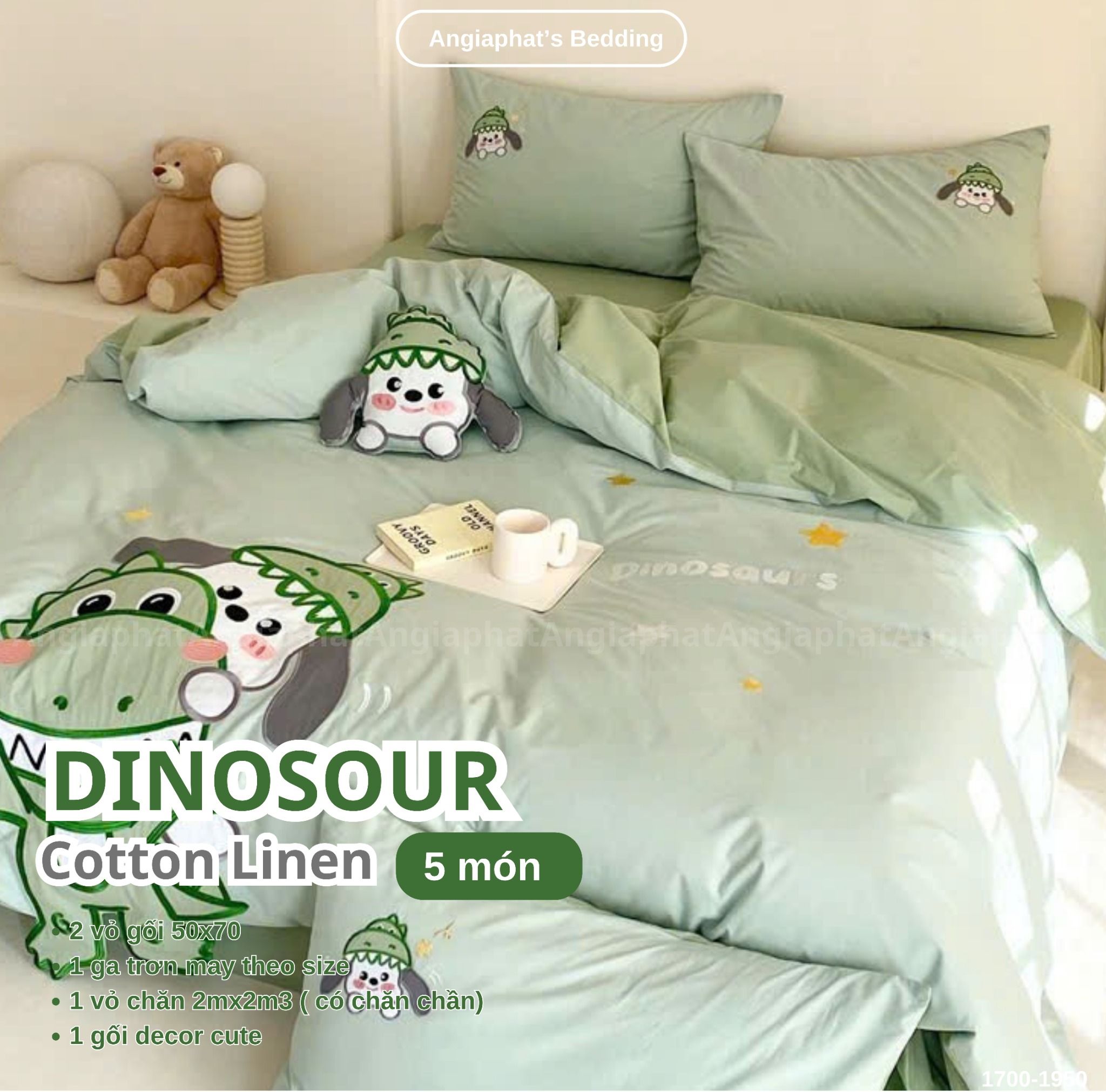 Bộ Chăn Ga Cotton Linen Kids / Cho Bé - Khủng Long Xanh