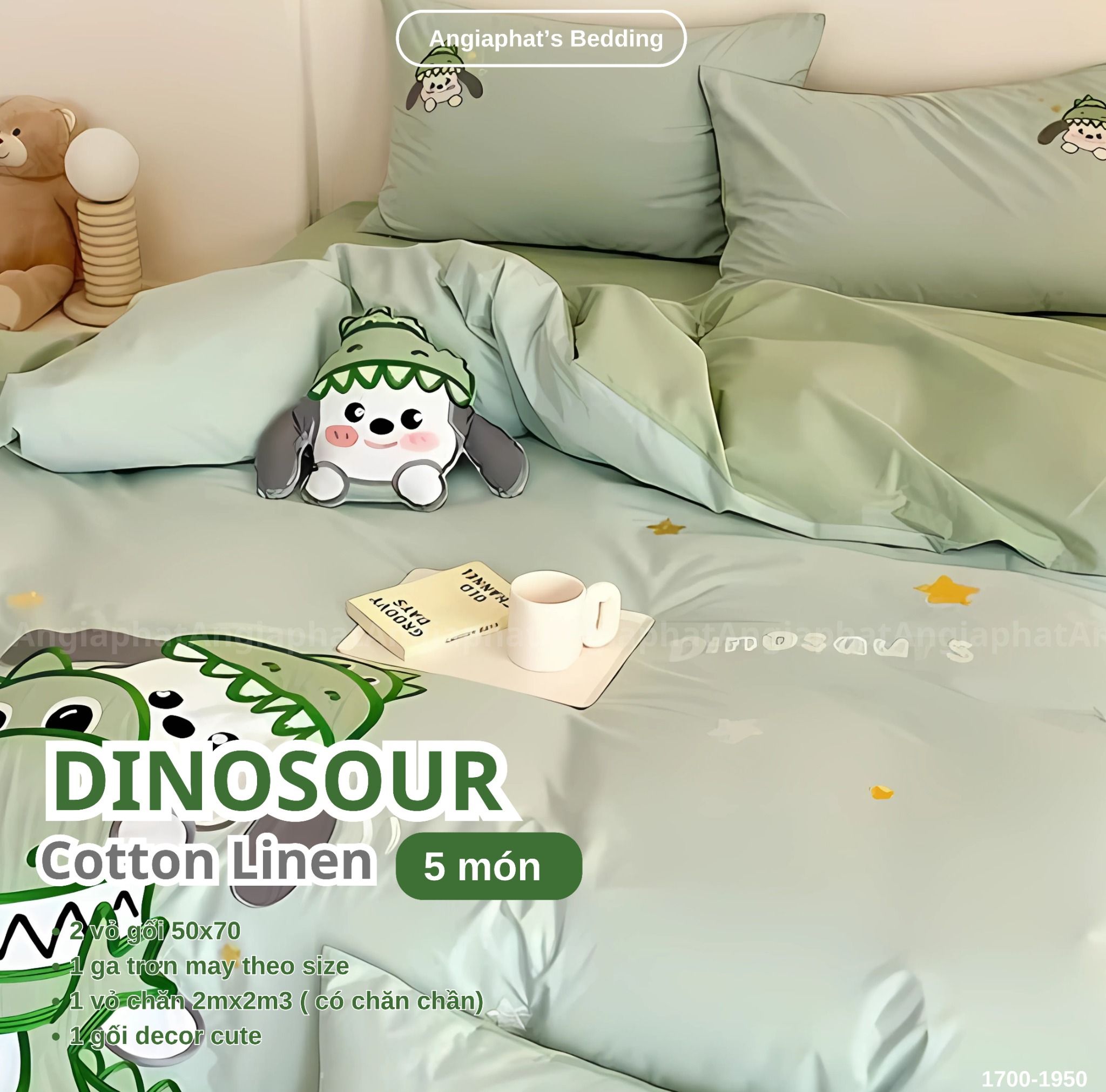 Bộ Chăn Ga Cotton Linen Kids / Cho Bé - Khủng Long Xanh