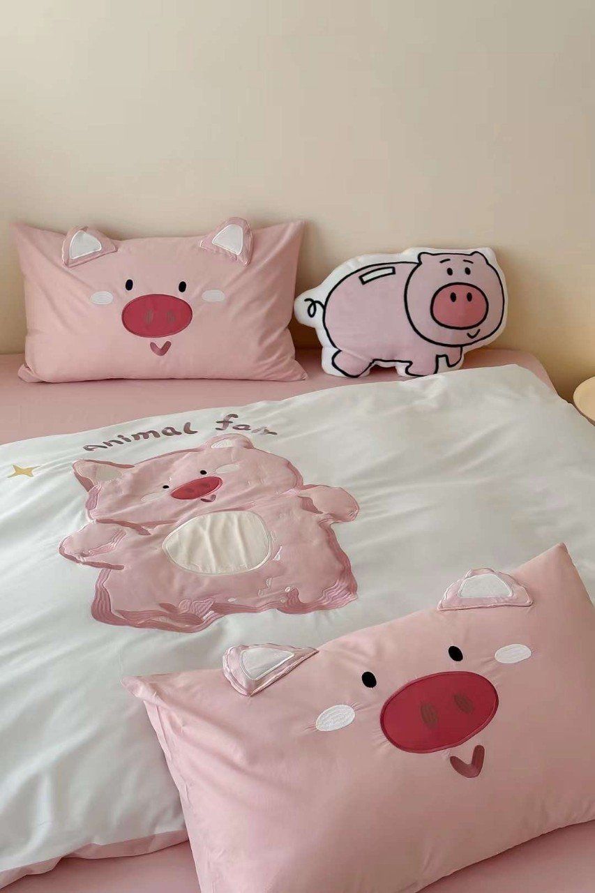 Bộ Chăn Ga Cotton Linen Kids - HEO HỒNG