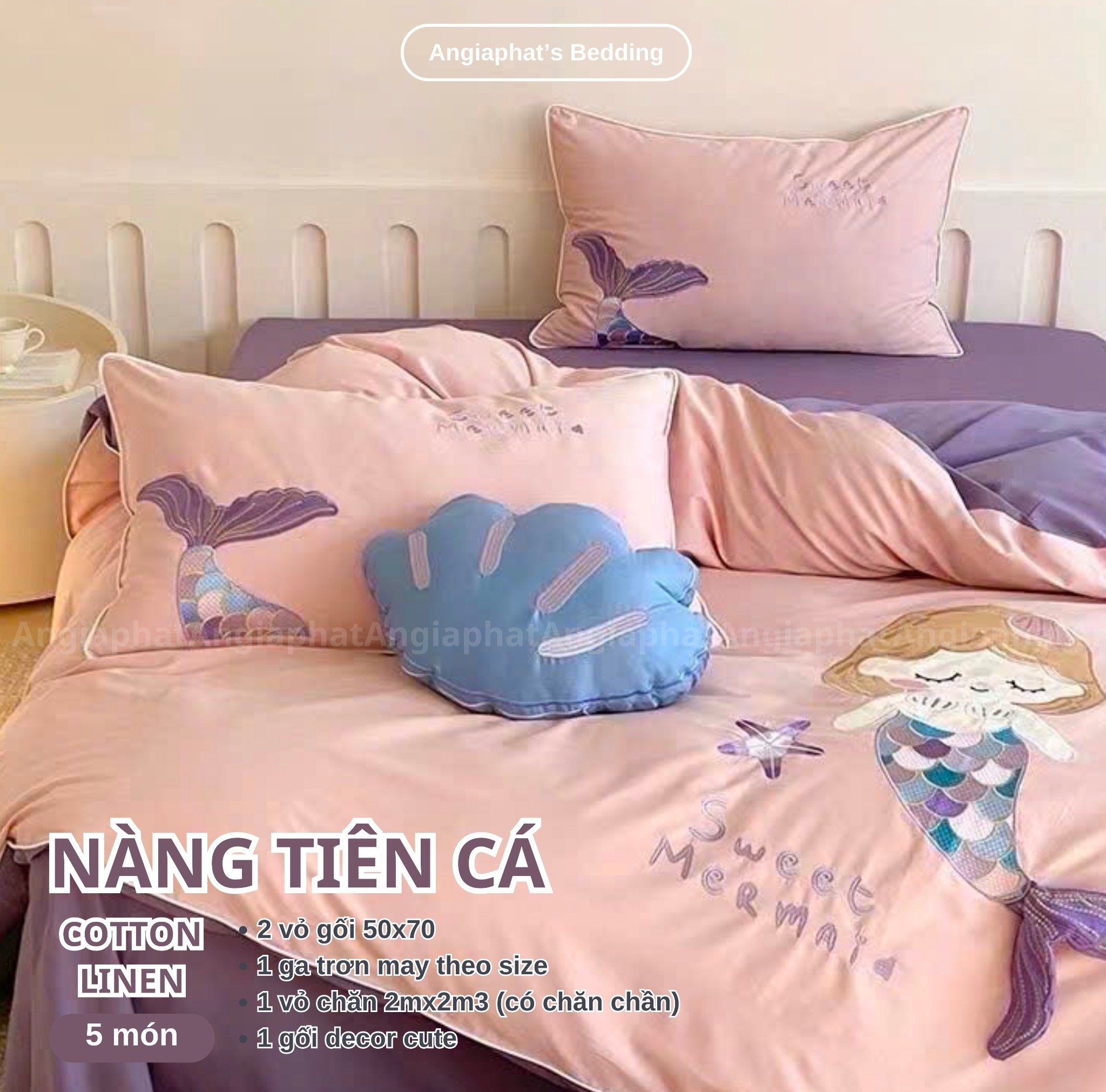 Bộ Chăn Ga Cotton Linen Kids / Cho Bé - Tiên Cá
