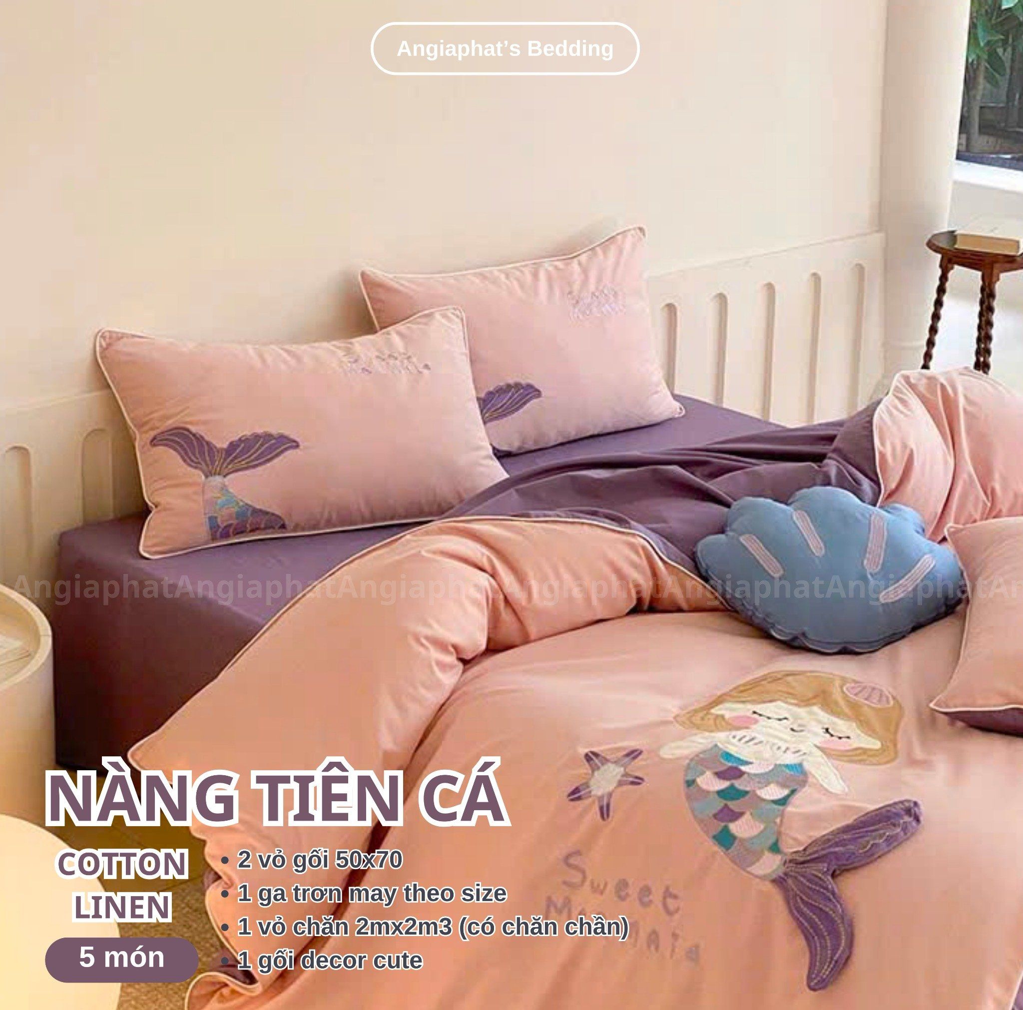 Bộ Chăn Ga Cotton Linen Kids / Cho Bé - Tiên Cá