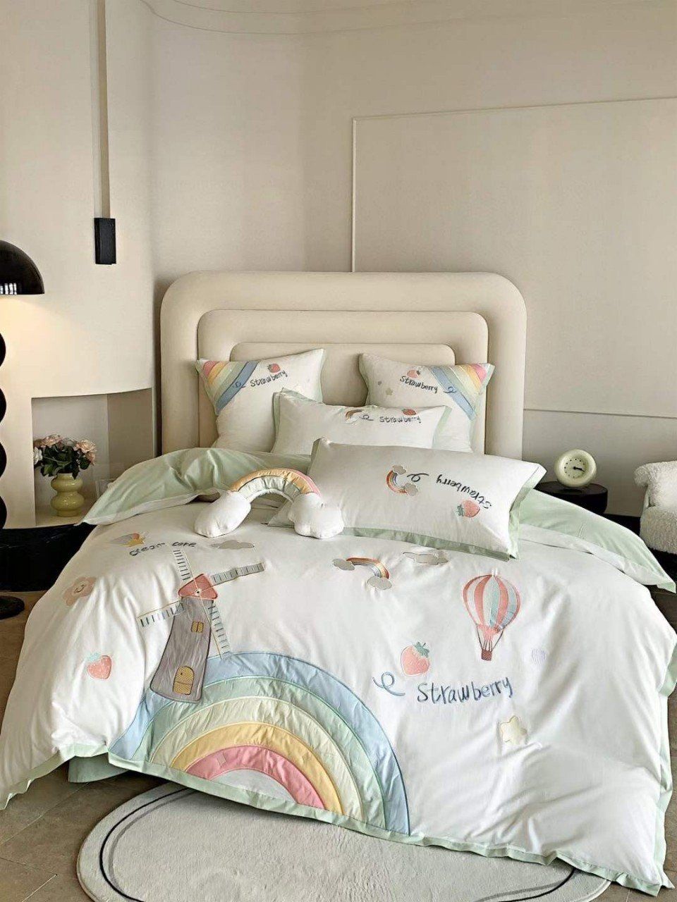 Bộ Chăn Ga Cotton Linen Kids - Cầu Vồng Trắng Xanh