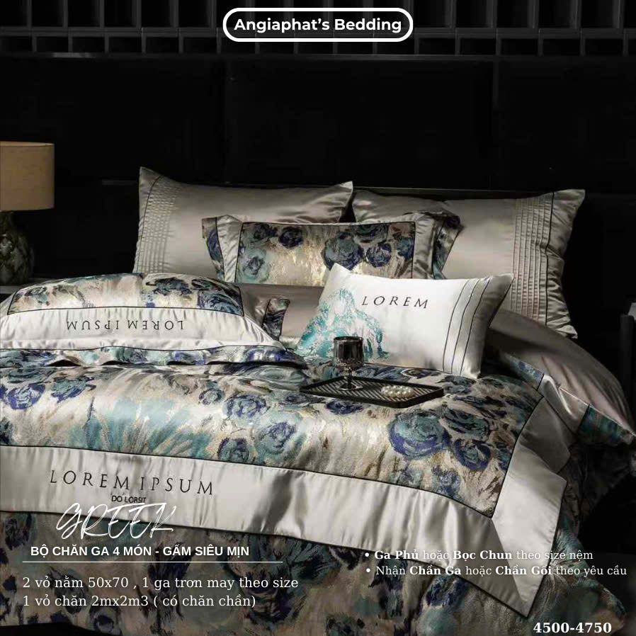 Set Chăn Ga Luxury - Gấm Siêu Mịn - HOA XANH