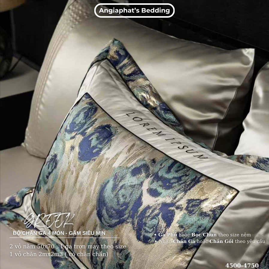 Set Chăn Ga Luxury - Gấm Siêu Mịn - HOA XANH