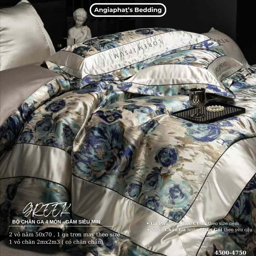 Set Chăn Ga Luxury - Gấm Siêu Mịn - HOA XANH