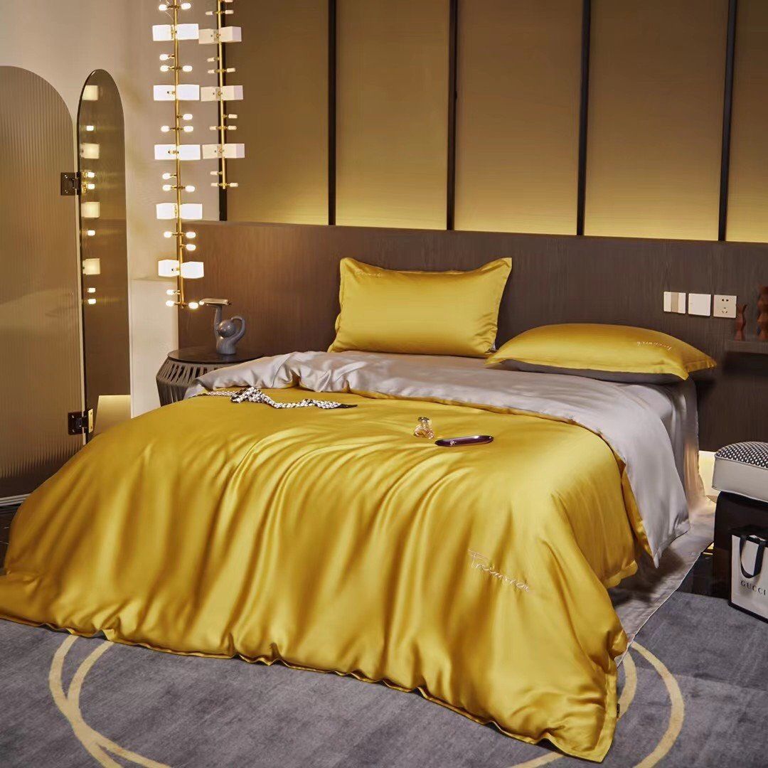 Bộ Chăn Ga Tencel 80S Freemonde Phối Vàng - Ghi