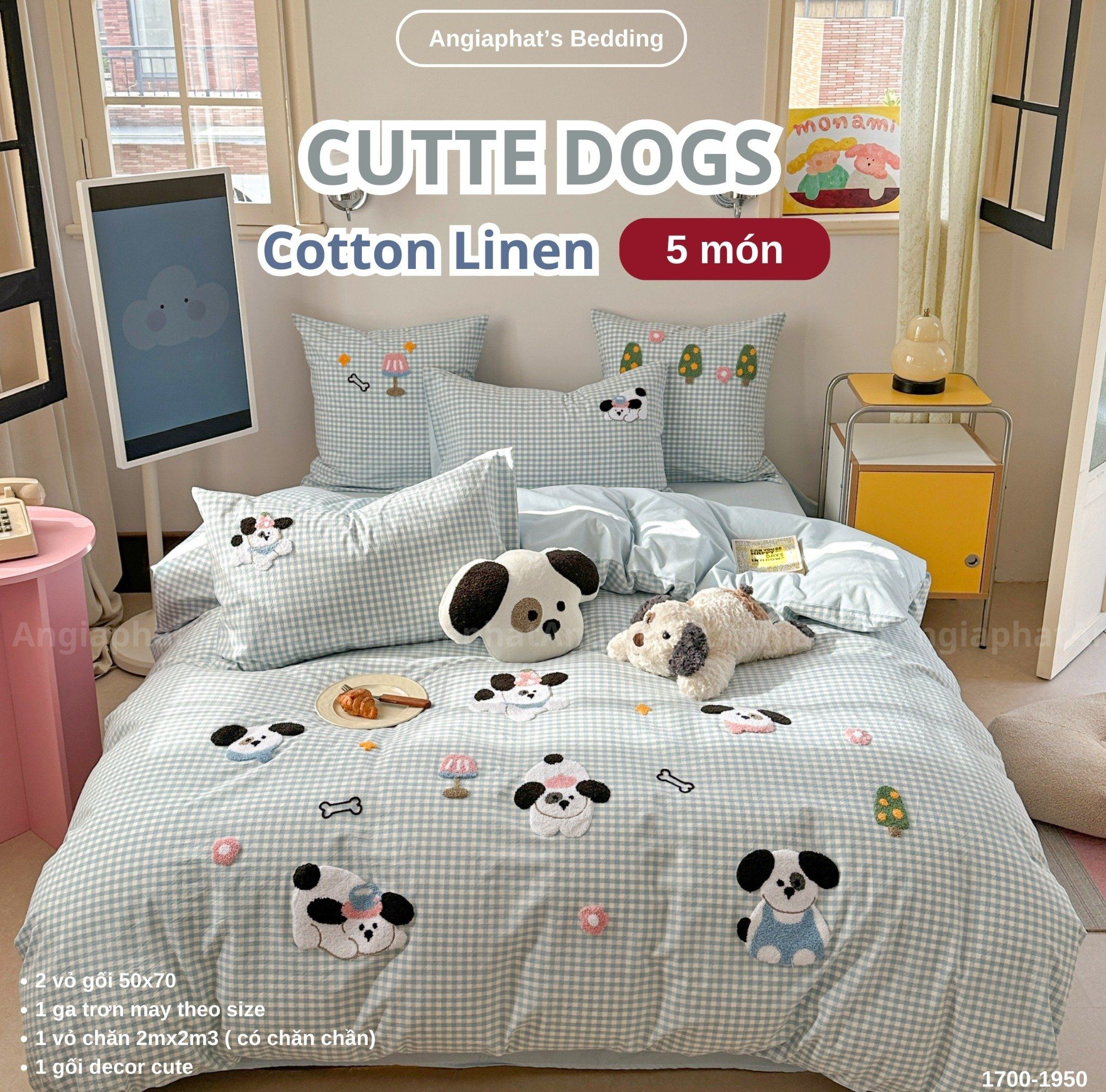Bộ Chăn Ga Cotton Linen Kids / Cho Bé - Cute Dogs Xanh Caro