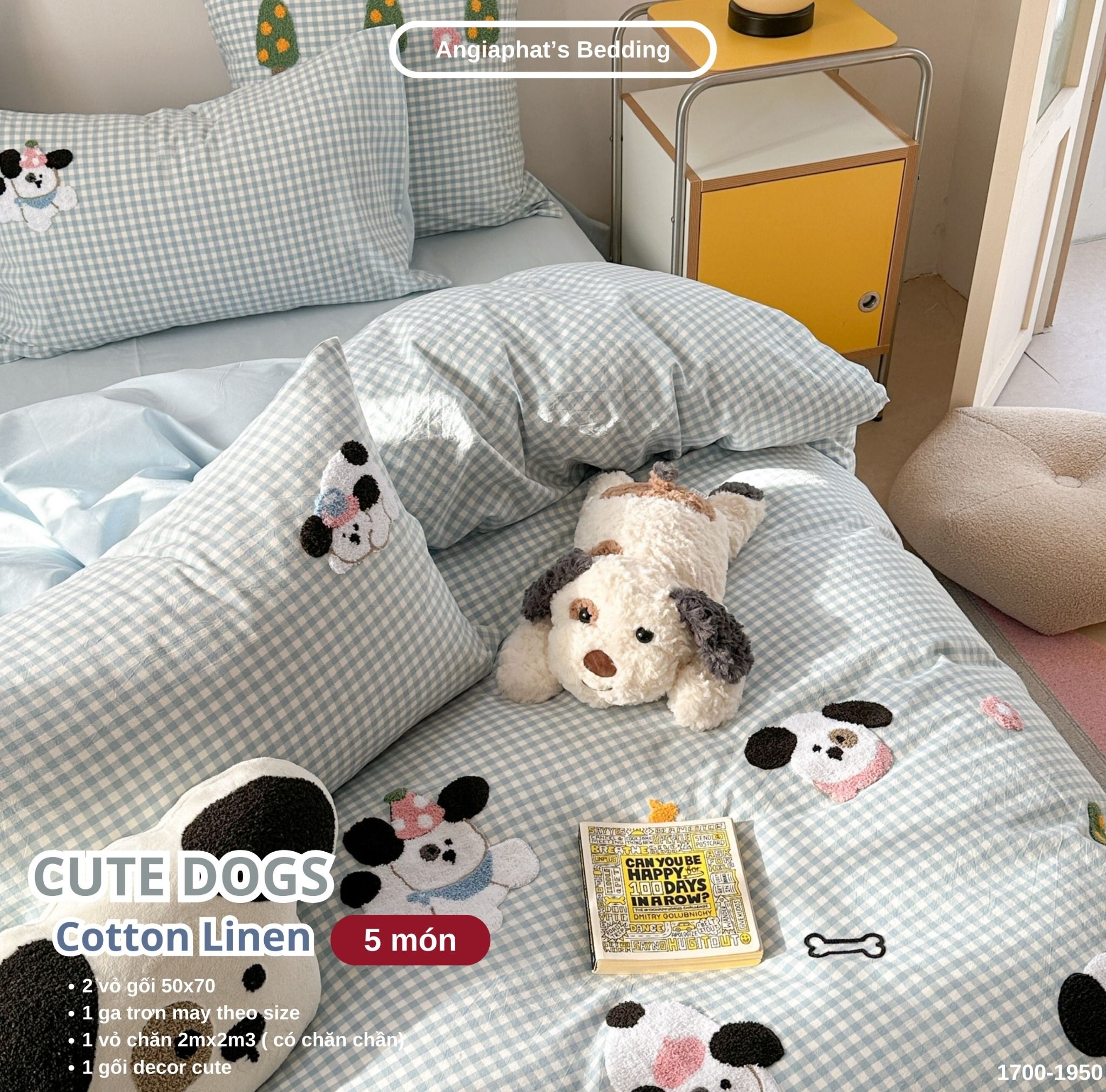 Bộ Chăn Ga Cotton Linen Kids / Cho Bé - Cute Dogs Xanh Caro