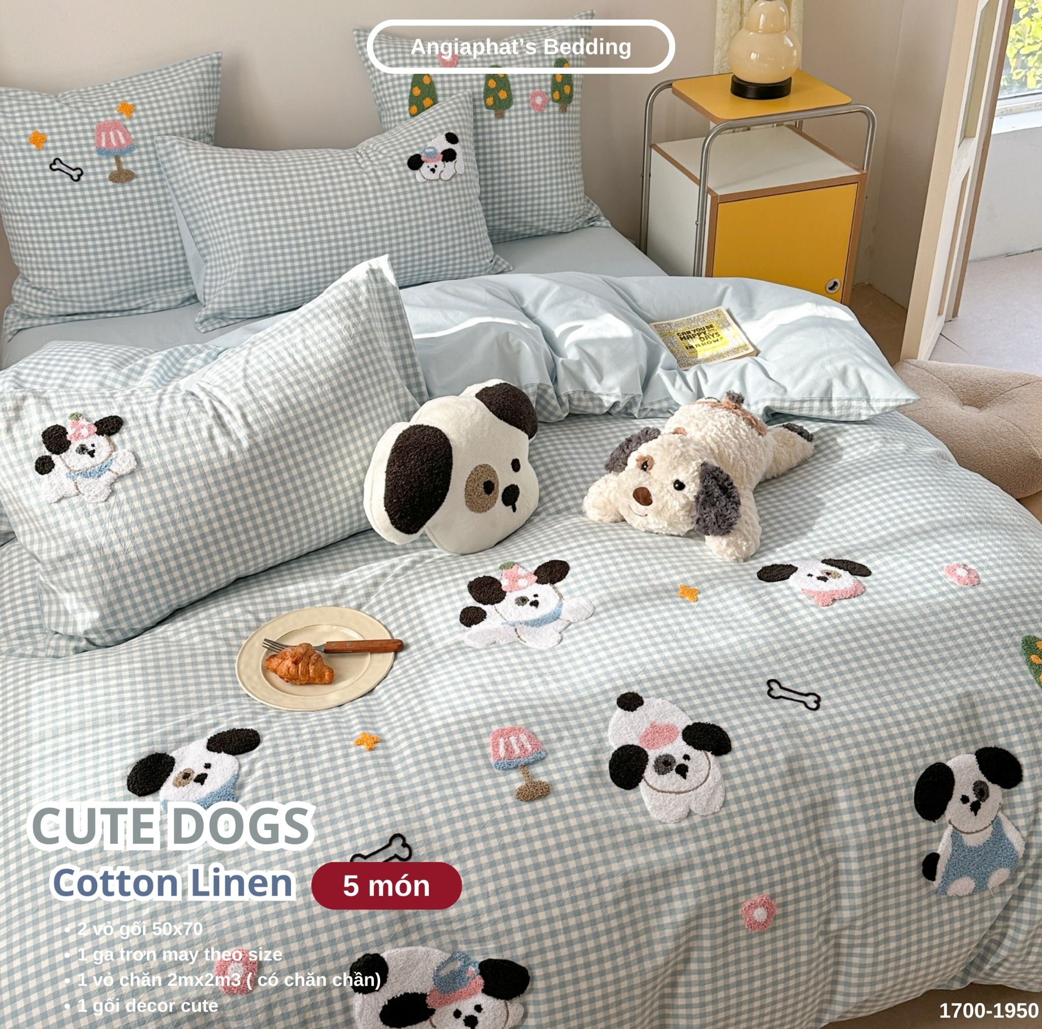 Bộ Chăn Ga Cotton Linen Kids / Cho Bé - Cute Dogs Xanh Caro