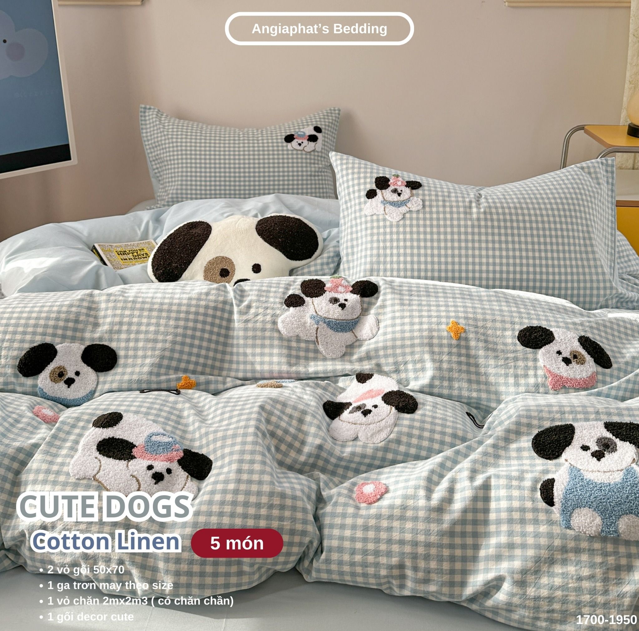 Bộ Chăn Ga Cotton Linen Kids / Cho Bé - Cute Dogs Xanh Caro
