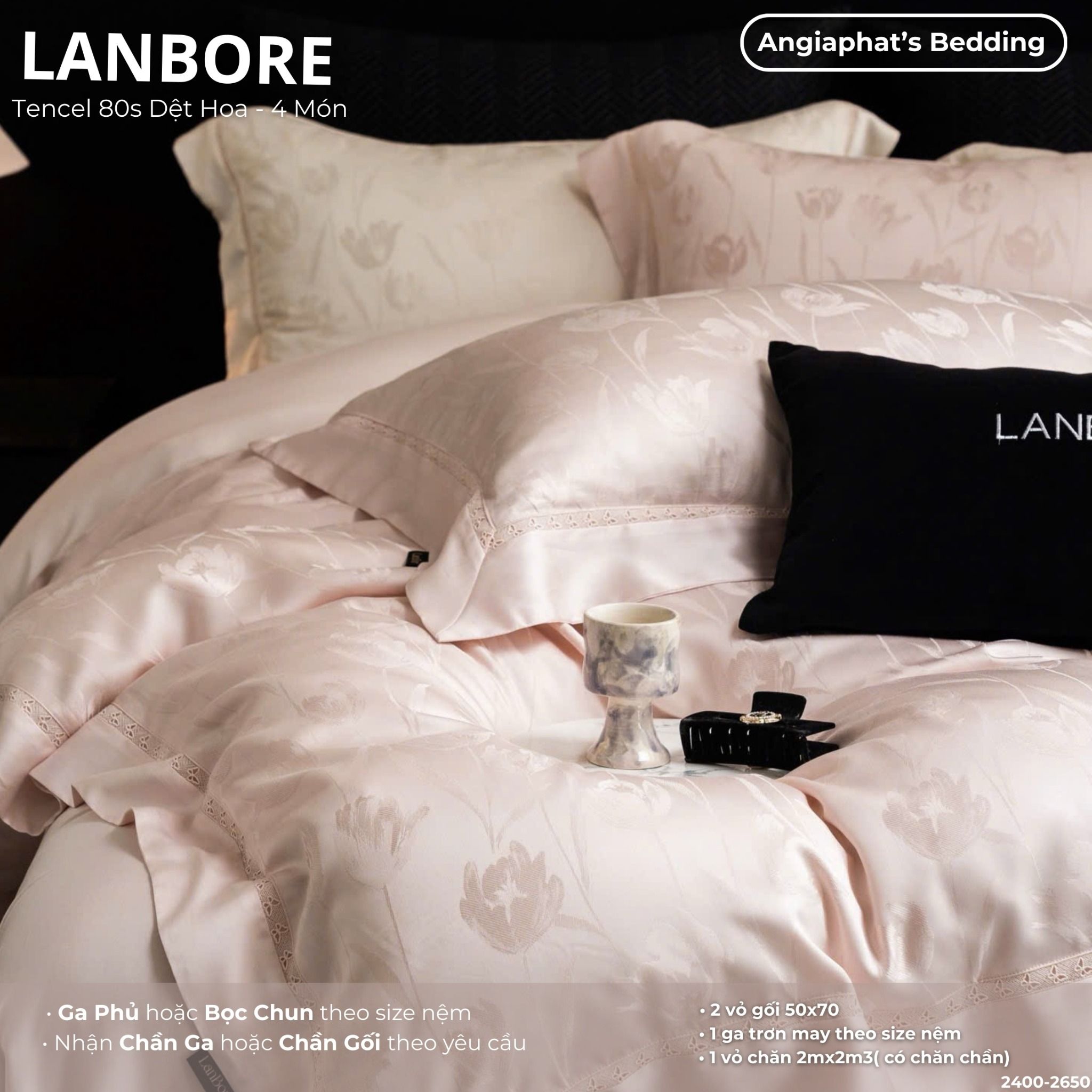 Set Chăn Ga Tencel 80s Dệt Hoa - Lanbore Tulip Hồng