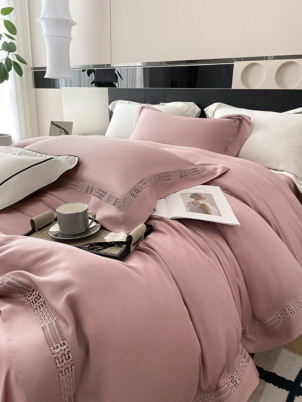Bộ Chăn Ga Tencel 100s Viền - Hồng