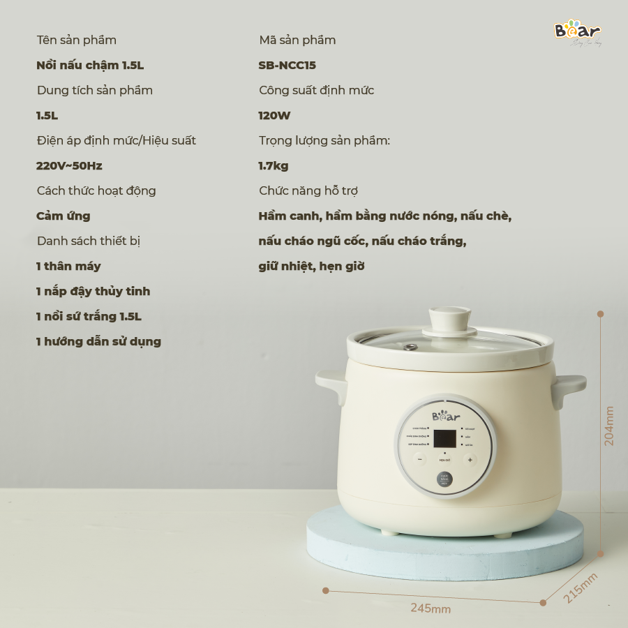 SB-NNC15 - Nồi Nấu Chậm Bear 1.5 Lít