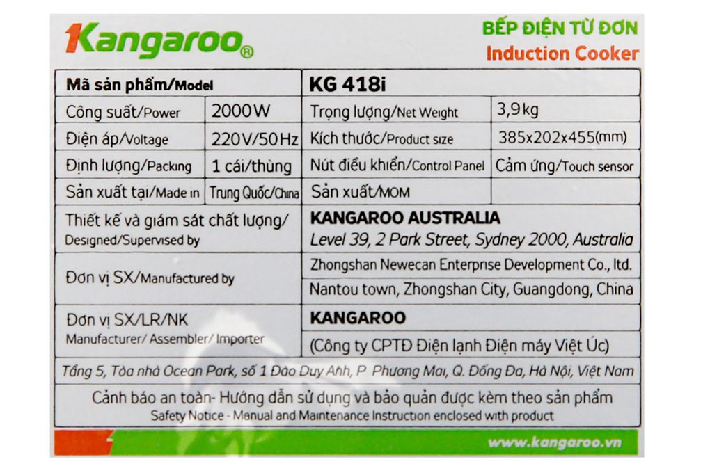 KG418i - Bếp Từ Đơn Kangaroo _ 2000W