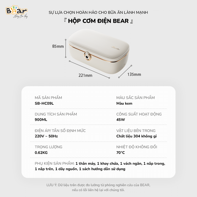 SB-HC09L - Hộp Cơm Điện Bear 0.9 Lít