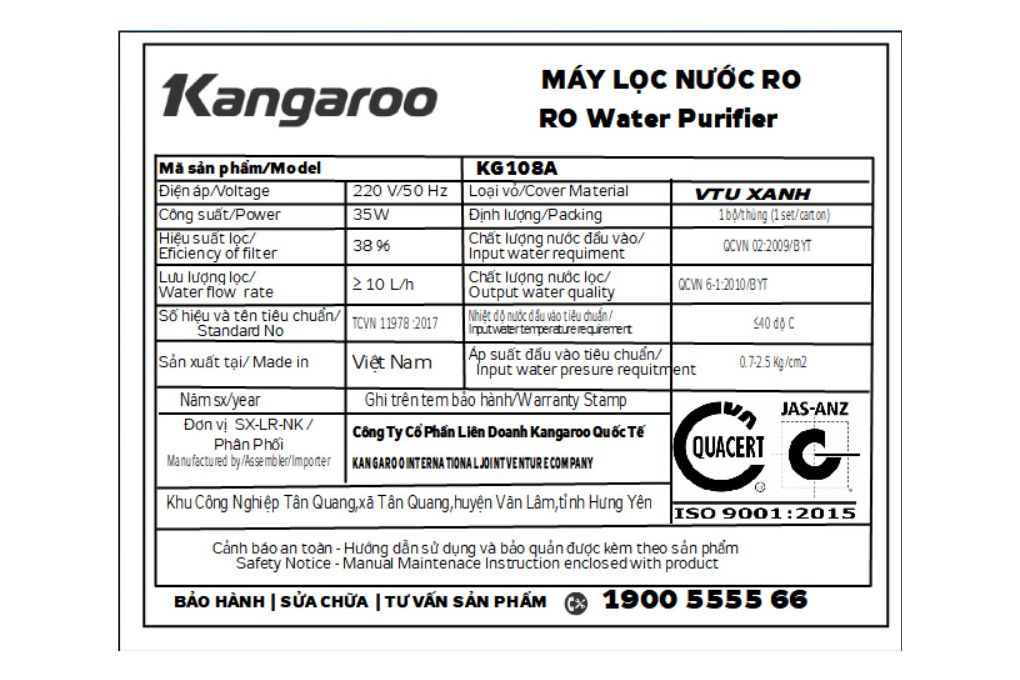KG108A - Máy Lọc Nước RO Kangaroo VTU _8 Lõi - Xám