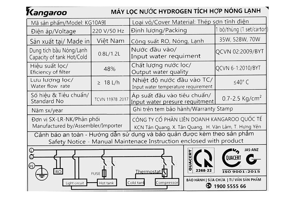 KG10A9I - Máy Lọc Nước RO Nóng Nguội Lạnh Kangaroo Infinity - 8 Lõi