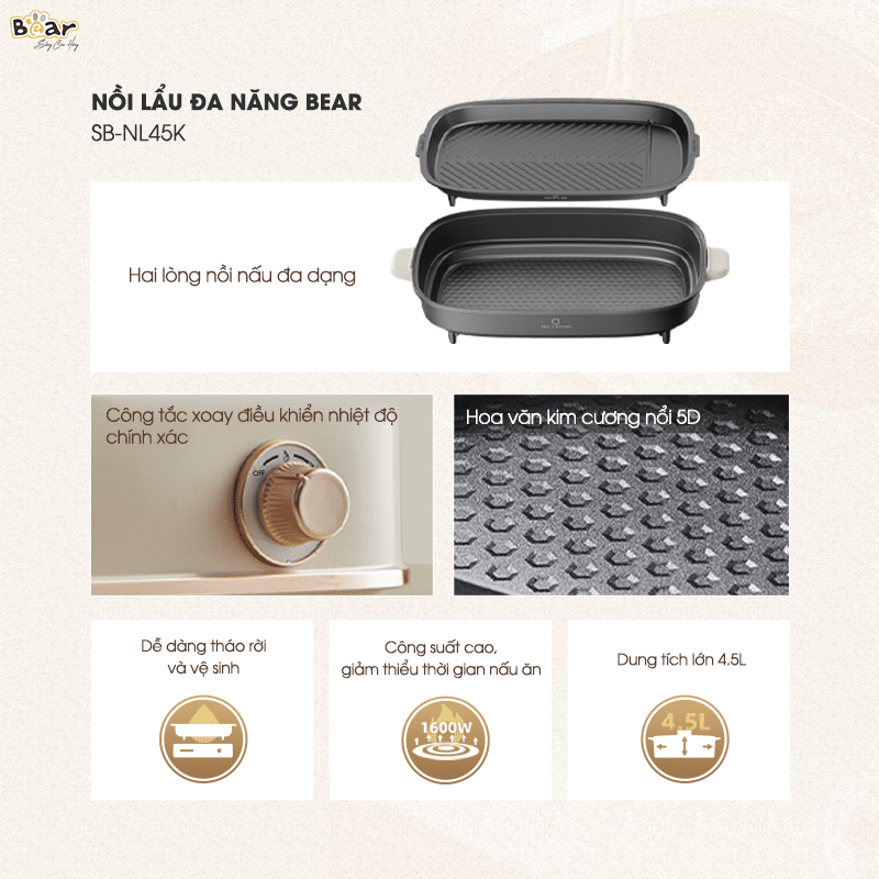 SB-NL45K - Nồi Lẩu Nướng Đa Năng Bear 2 Ngăn 4.5 Lít