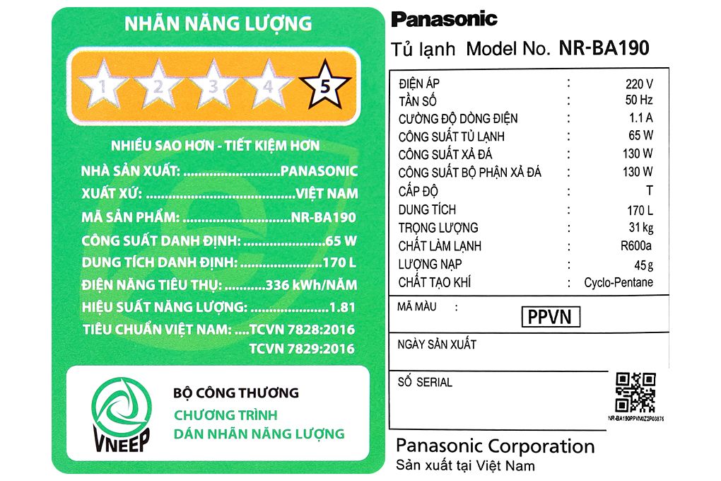 NR-BA190PPVN - Tủ Lạnh Panasonic Inverter 170 Lít