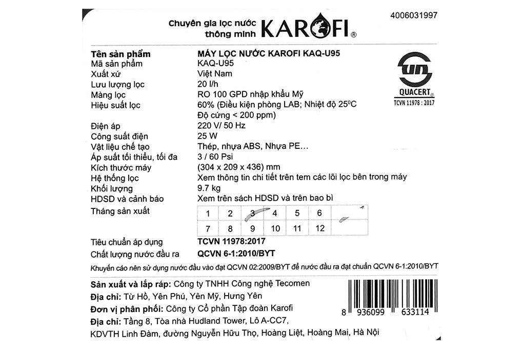 KAQ-U95 - Máy Lọc Nước Không Tủ Để Gầm Karofi _ 10 Lõi
