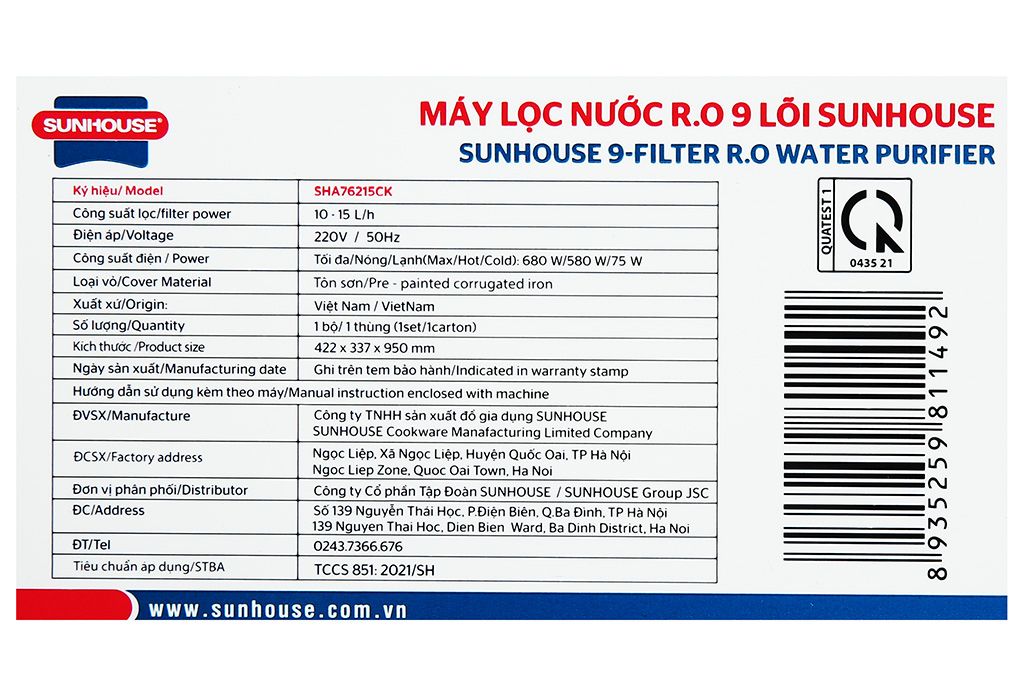 SHA76215CK - Máy Lọc Nước RO Nóng Nguội Lạnh Sunhouse - 9 Lõi