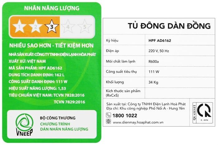 HPF AD6162 - Tủ đông Hòa Phát 162 Lít
