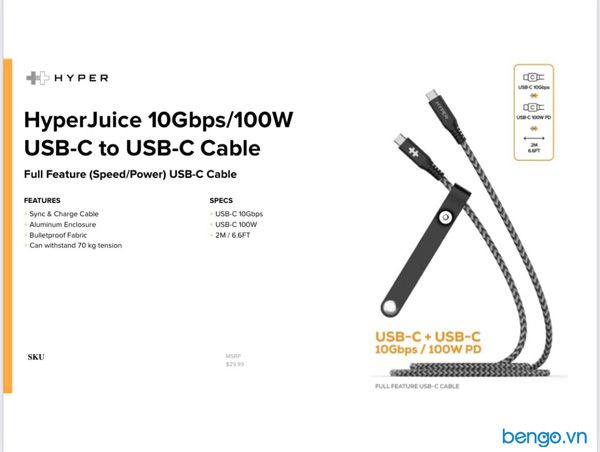 Cáp USB-C to USB-C 2m HyperJuice Data & Charging 10Gbps + 100W - HD-CBG601